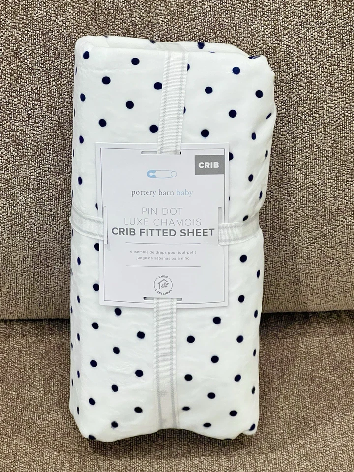 NUEVA Sábana Ajustable Pottery Barn Kids Pin Dot Luxe Gamuza Cuna, Blanca/Azul Marino, ¡Rara! Foto 1 de 1