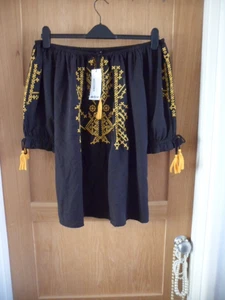 BNWT 22 ELASTIC COLD SHOULDER YELLOW TASSLES & STITCH SHORT SLEEVE ELASTIC BOHO - Picture 1 of 6