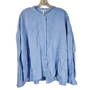 Eileen Fisher Bio Leinen Hemd mit Knopfleiste L hellblau kragenlos Lagenlook - Bild 1 von 9