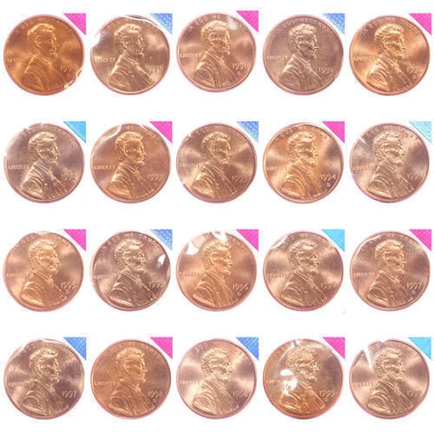 1990-1999 P D Lincoln Memorial Cent BU Mint Cello Run Decade 20 Penny Set Cover
