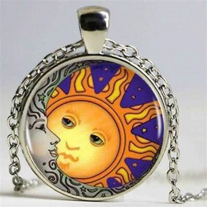 MOON SUN FACE ART Pendant Sterling 925 Silver plated 18" Necklace men women Gift - Picture 1 of 8