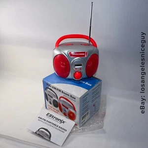Portable MINI BOOM BOX RED/SILVER AM/FM Radio with Digital Clock NEW OLD STOCK - Picture 1 of 4