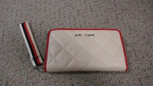 Betsey Johnson Beige Faux Leather Quilted Pattern Red Black trim Wallet Wristlet - Picture 1 of 5