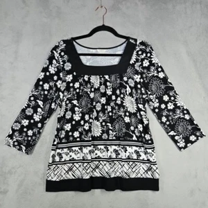Christopher & Banks Knit Shirt 3/4 Slv Black White Bold Floral Top Square Neck M - Picture 1 of 15