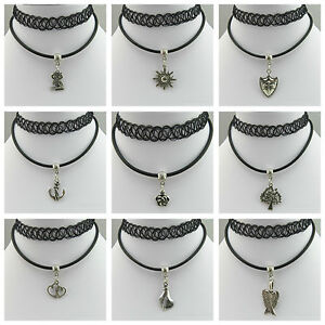 STRETCH TATTOO CHOKER & REAL LEATHER CORD NECKLACE PENDANT HIPPY TIBETAN SILVER