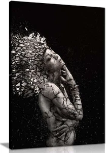 Black & White Shattered Naked Woman Framed Canvas Print Wall Art Home Decor - Picture 1 of 6