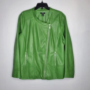 Alfani Womens 3X Faux Leather Asymmetrical Willow Bough Green Lined Moto Jacket - Picture 1 of 12