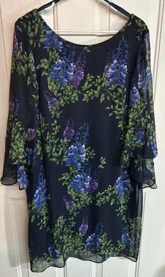 Платье цельнокроеное CHICO'S размер 3 темно-синее с цветочным принтом ножницы оверлей H10 - Изображение 1 из 4