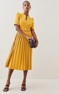 Karen Millen Damen gelbes Midikleid mit Plissee und Gürtel UVP 219 £ - Bild 1 von 18
