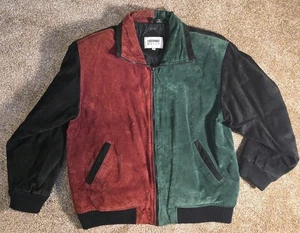 Vintage 90's Hamilton Manor Suede Bomber Jacket Half Half Size M Black Green Red - Picture 1 of 11