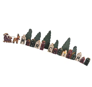 Merry Christmas Wood Block Set 6 Trees Santa In Sleigh Reindeer - Picture 1 of 17