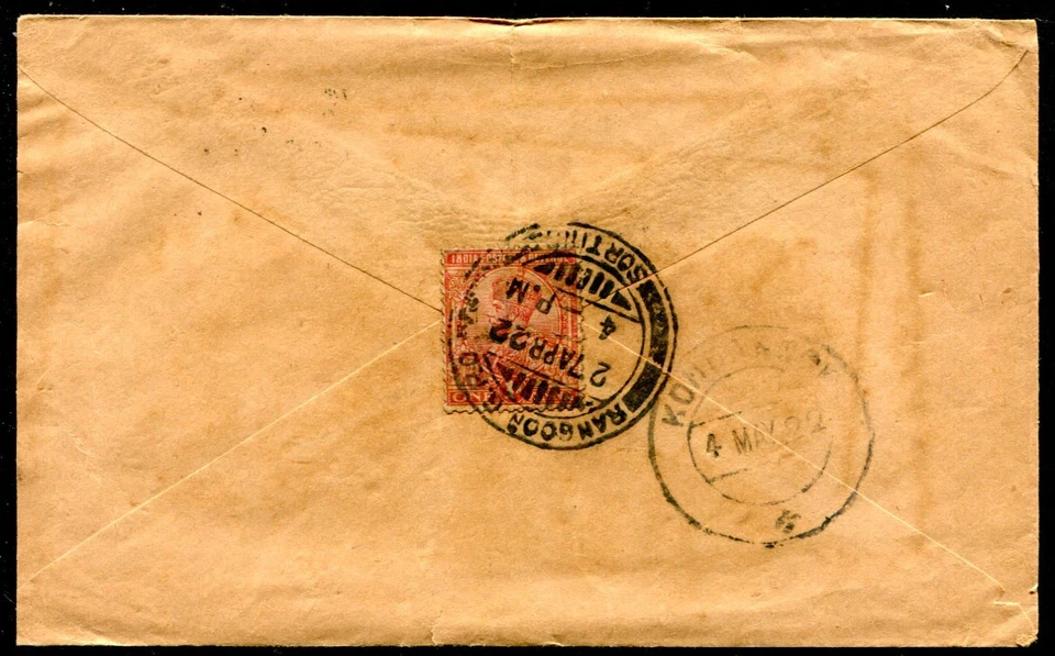 BIRMANIA (26354): 1922 RANGOON G.P.O. SORTING matasellos/cubierta Foto 1 de 2