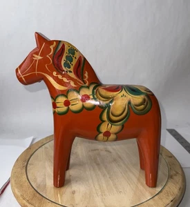 RARE 10" NILS OLSSON Red Orange Dala Akta Wood Horse Sweden Painted Folk Art - Picture 1 of 8