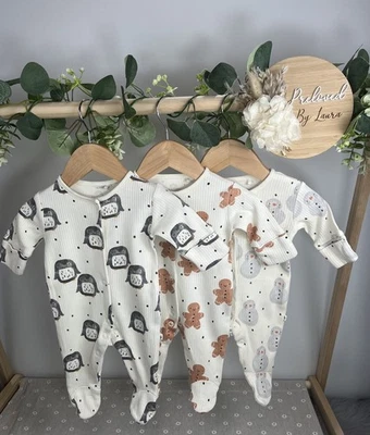 NEXT Baby Unisex Set Of 3 Preloved Christmas Sleepsuits Babygrows First Size - Image 1 of 2