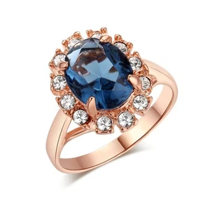 18kt Rose Gold Plated Halo Blue CZ Ring - Size 6.5 - Picture 1 of 3