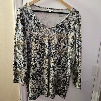 Top túnica manga larga cuello en V floral terciopelo puro Jill talla M pequeño suave Foto 1 de 4