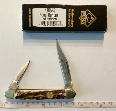 Cuchillo de Bolsillo Plegable Puma Bantam Stag Horn #410673 2 Hojas Alemania Nuevo Antiguo Stock Foto 1 de 3