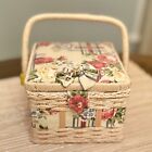 Vintage Sewing Basket Woven Padded Fabric Top Pin Cushion Box Country Floral