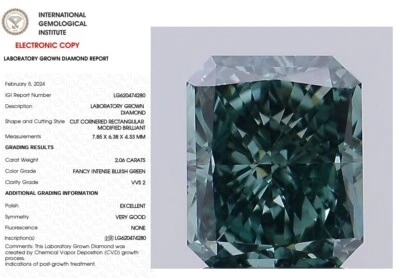 2.06 Radiant Lab Grown Diamond For Ring Fancy Intense Bluish Green VVS2 - Image 1 of 4