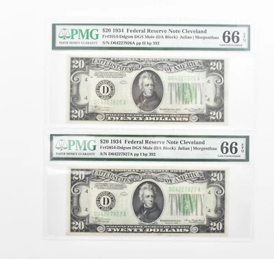 Lot (2) PMG 66 EPQ 1934 $20 FRN Consecutive Notes Fr#2054-Ddgsm *1150 - Image 1 of 3