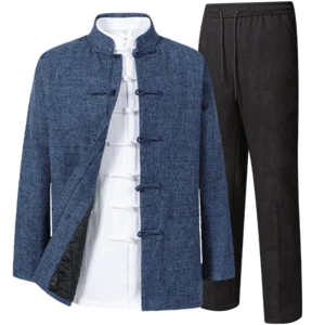 Conjunto de 2 piezas de trajes de espiga estilo chino retro para hombre algodón lino abrigo pantalones ropa exterior talla - Imagen 1 de 29