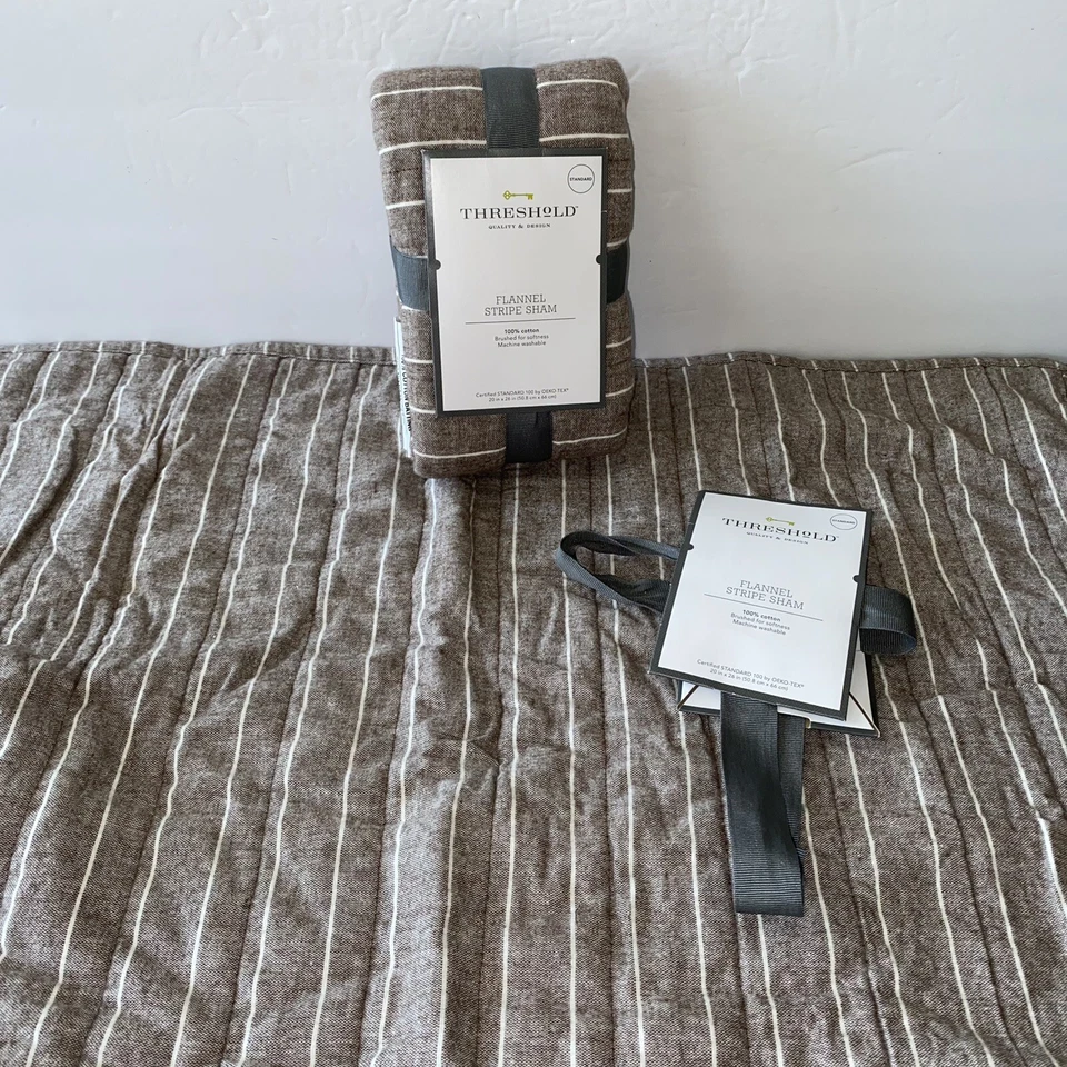 Two brown Threshold standard flannel stripe shams 20x26
