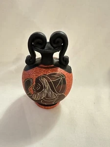 Mini Greek Art Pottery Vase – Handmade & Hand-Painted Amphora – 4” Black & Orang - Picture 1 of 9