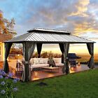 12'x18' Outdoor Double Tier Hardtop Gazebo Canopy Aluminum With Curtains Netting