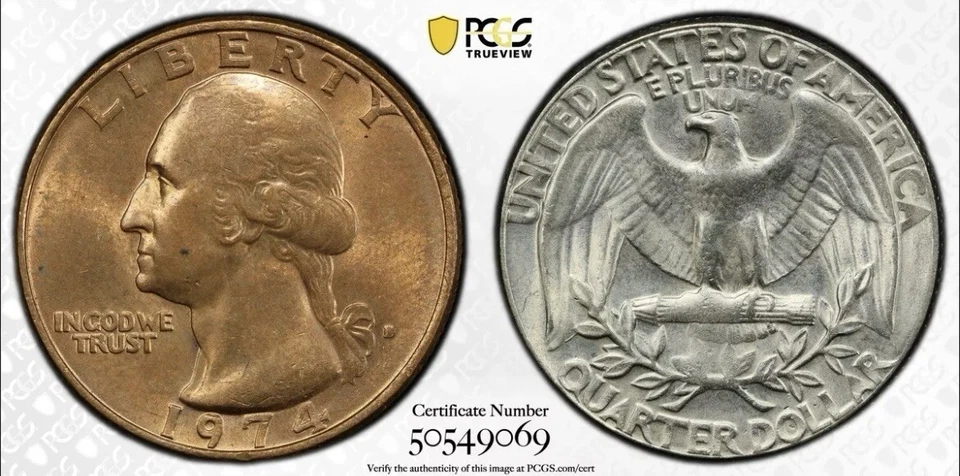 1974 D 25C Quarte Dollars Minit Error PCGS MS64 Obverse Clad Láyer Missing  - Image 1 of 3