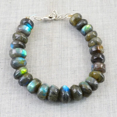 310.00 Cts Natural 7" Long Blue Flash Labradorite Round Beads Bracelet NK 24E48 - Image 1 of 2