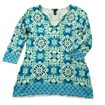 Carole Little Top Medium Turquoise Green Batik Sequin Trim Neckline Knit Tunic - Image 1 of 4