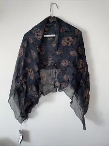 CLASSIC ALEXANDER MCQUEEN PETROLEUM & Lt BROWN SILK CHIFFON SKULL SCARF 🧣👍 - Picture 1 of 3