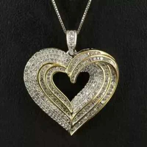 2 Ct Round Cut Lab Created Diamond Heart Pendant Chain 14k Two-Tone Gold Plated - Picture 1 of 3