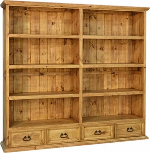Rustic Wood Bookcase Vintage Antique Handmade Mexican Wide Bookshelf Storage - Picture 1 of 1