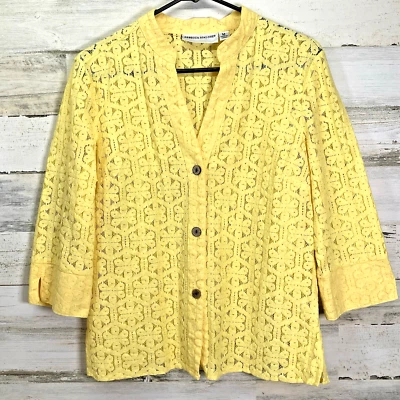 Rebecca Malone Womens Yellow Lace Floral Mandarin Collar 3/4 Slv Shirt Size M - Image 1 of 4