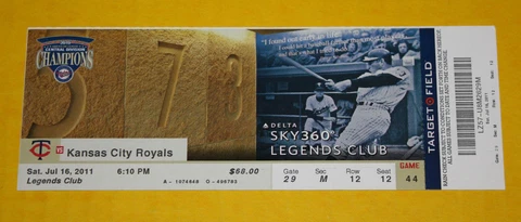Minnesota Twins Ticket Stub | July 16 2011 | Eric Hosmer Joe Mauer Hit Cover