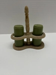 VINTAGE Plastic Avocado Green SALT & PEPPER SHAKERS With Caddy - Picture 1 of 1