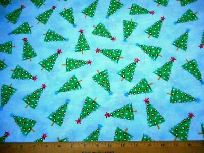 Christmas Fabric By Half-Yard Decorated Xmas Trees Stars on Blue Cotton #53 C - Image 1 of 2
