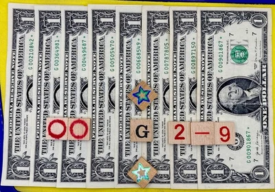 🌟STAR NOTE Leading 00 SET Of 8 District G 2-9 Fancy Serial Number 1 Dollar Bill - Image 1 of 4