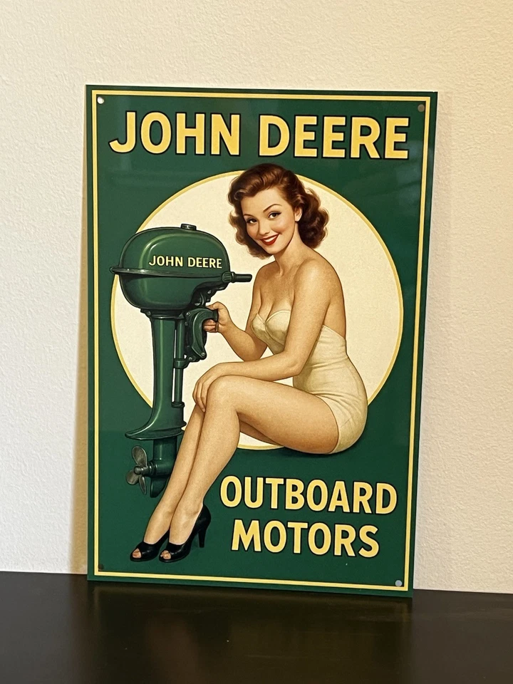 Placa de metal estilo vintage serviço de vendas pinup girl motores de popa John Deere - Imagem 1 de 1