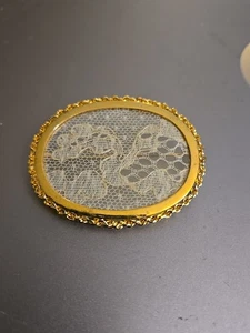 Gold Plated 925 Sterling Silver Vintage Floral Motif Lace Cloth Oval Brooch Pin  - Picture 1 of 9