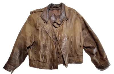 复古 Chia 皮革夹克男式棕色中号飞行员摩托车轰炸机 80 年代 90 年代 — 第 1/4 张图片