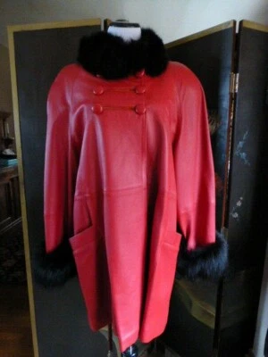 Vintage Red Leather 3/4 Coat, Plush Black Fox Collar & Cuffs, 1 Owner, Ca. 1970 - Image 1 of 4