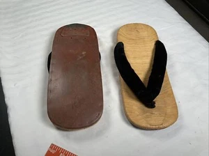 Vintage Japanese Bamboo & Leather Geta Geisha Kimono Sandals / Shoes 9.25” #SH - Picture 1 of 10