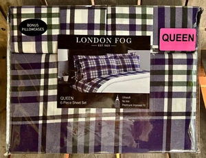 6-pc London Fog QUEEN SIZE Plaid Sheet Set NAVY BLUE, GREEN PLAID (2xtra PCs) - Picture 1 of 5