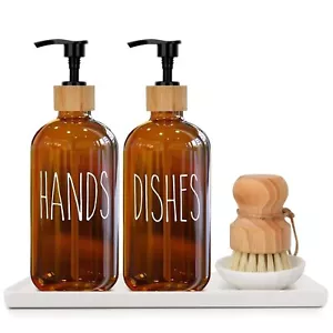 Amber Hand Dish Soap Glass Dispenser Set For Kitchen Sink With Ceramic Tray Wood - Picture 1 of 6