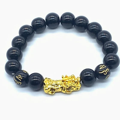 Feng shui Luck Black Bead Bracelet Golden Pi Xiu/Pi Yao Nice Gift Bracelet - Image 1 of 4