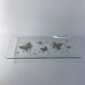 Vintage Clear Glass Painted Butterfly Dish Gold Rim Signed Artist Cute Spring - Picture 1 of 12