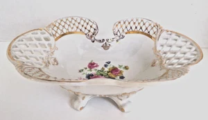 Vintage Korosten Porcelain Lattice Gold Trim Footed Fruit Bowl Rare Ukraine 9.5" - Picture 1 of 15