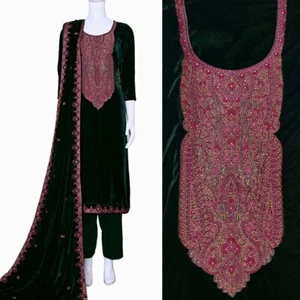 DARK GREEN VELVET w KASHMIRI EMBR INDIAN READYMADE SALWAR KAMEEZ SUIT LADIES DEN - Picture 1 of 4